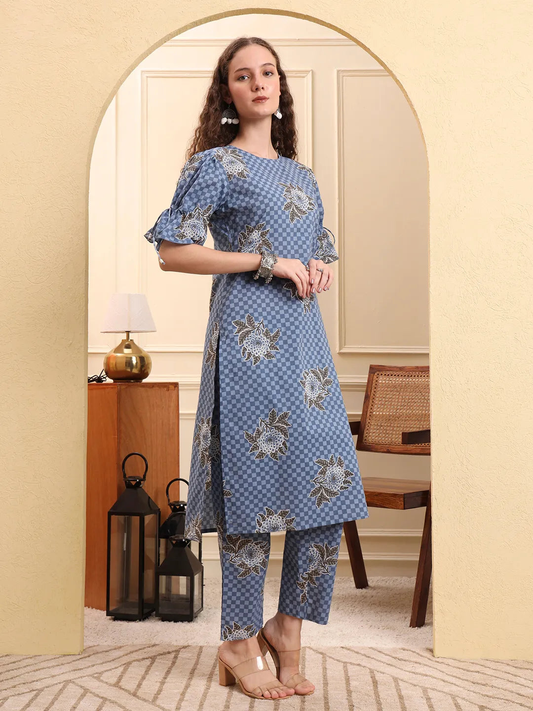 Blue Checked Print Straight Kurta Trouser Set