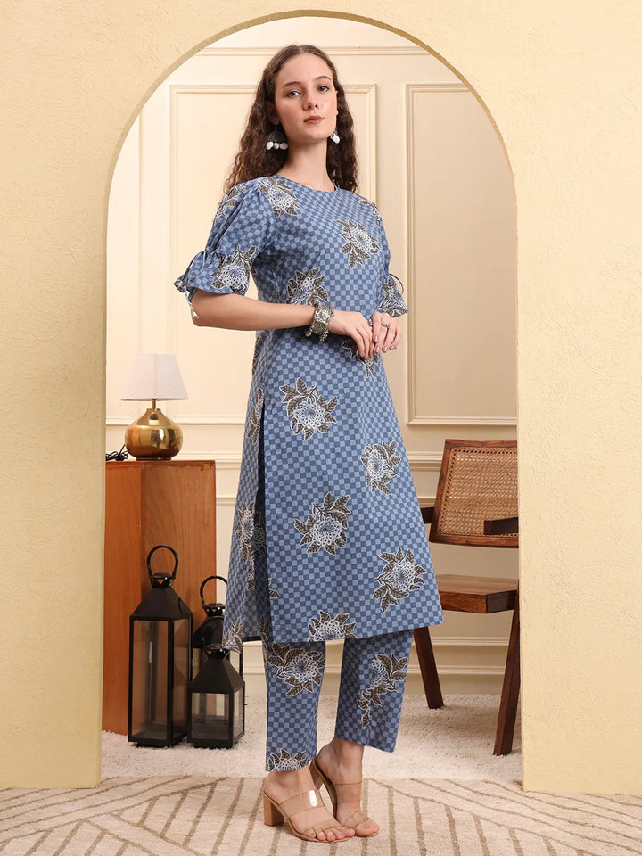 Blue Checked Print Straight Kurta Trouser Set