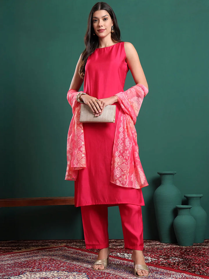 Pink Silk Blend Sleeveless Kurta Pants & Dupatta Set