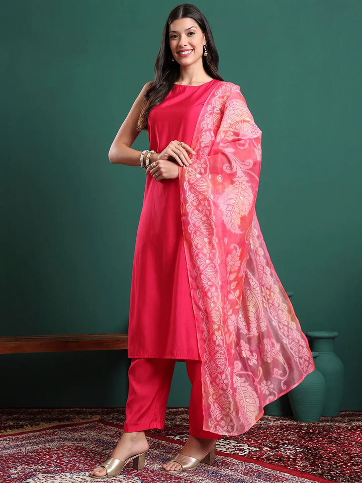 Pink Silk Blend Sleeveless Kurta Pants & Dupatta Set