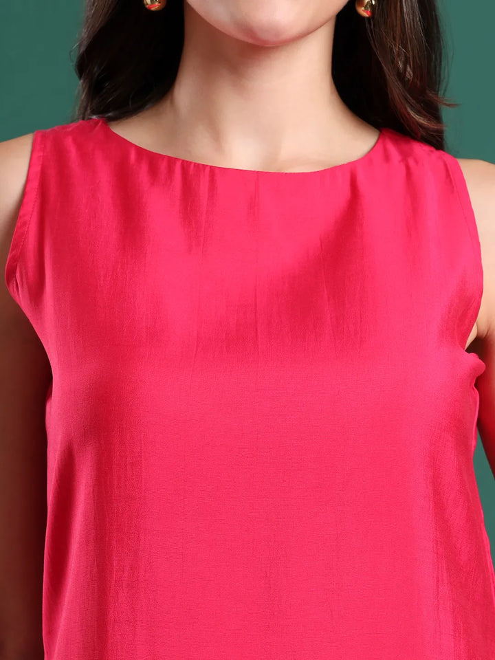 Pink Silk Blend Sleeveless Kurta Pants & Dupatta Set