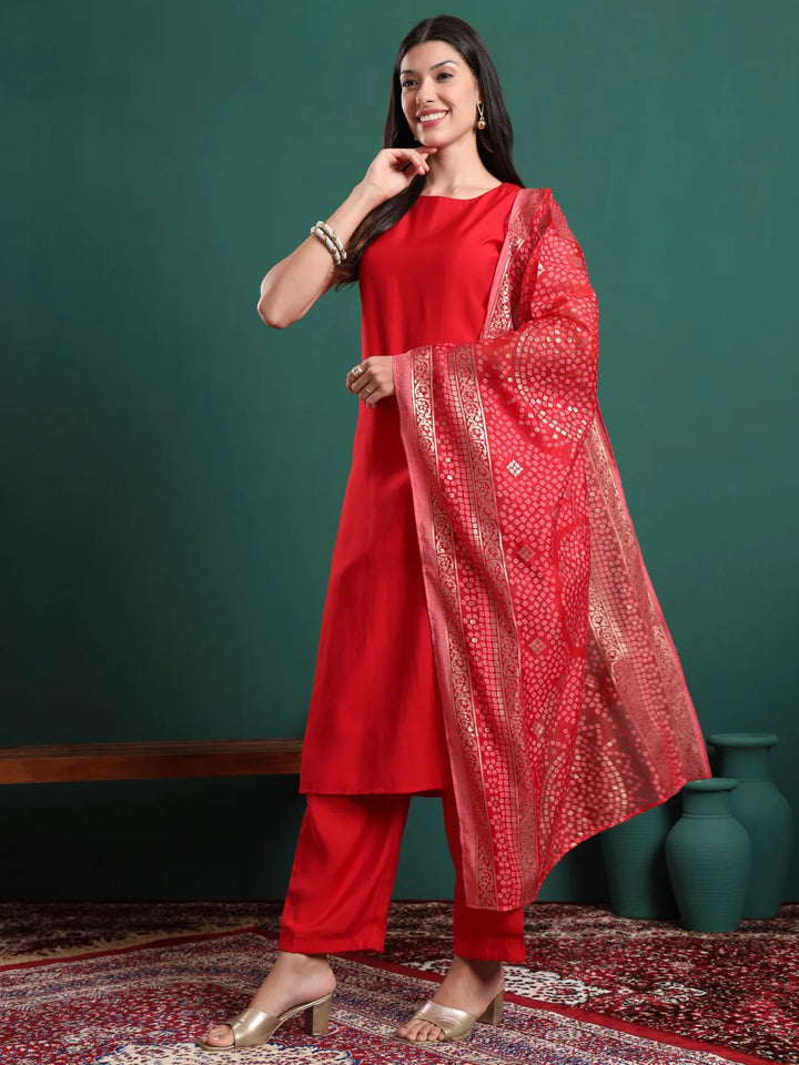 Red Silk Blend Sleeveless Kurta Pants & Dupatta Set