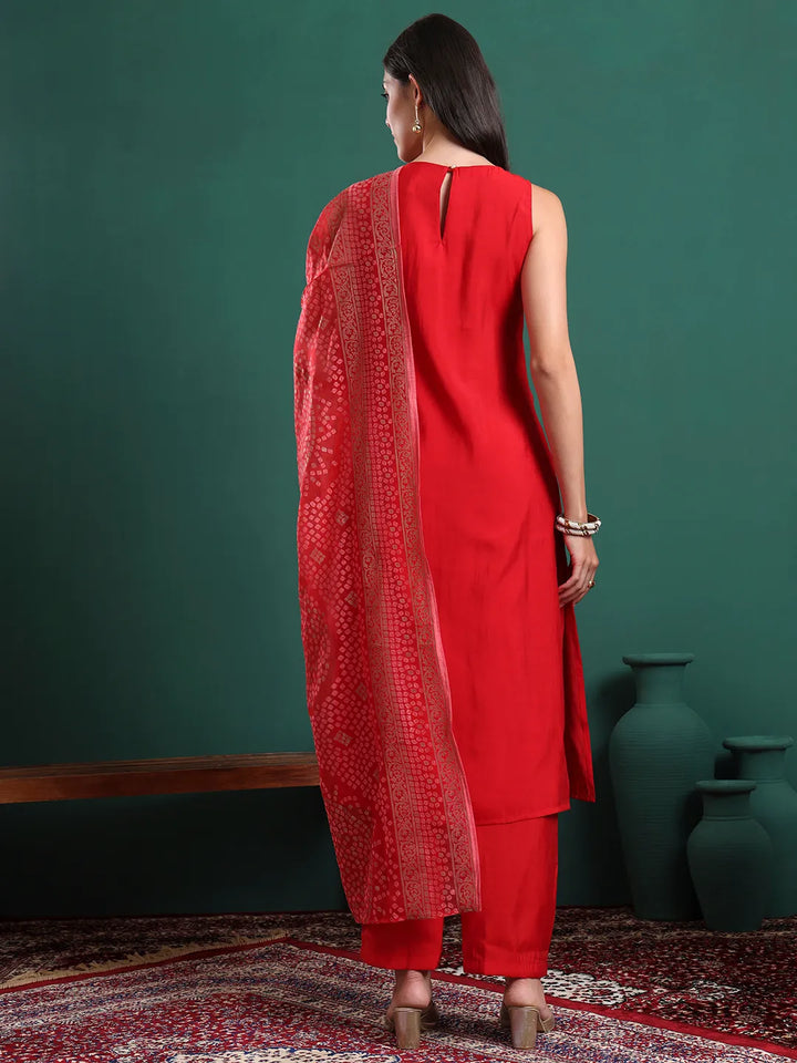 Red Silk Blend Sleeveless Kurta Pants & Dupatta Set