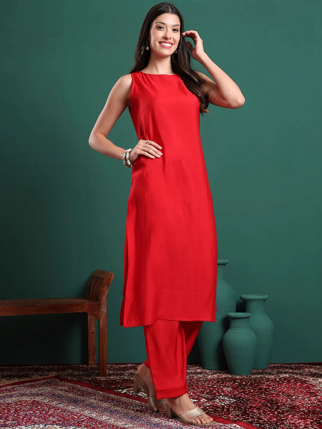 Red Silk Blend Sleeveless Kurta Pants & Dupatta Set
