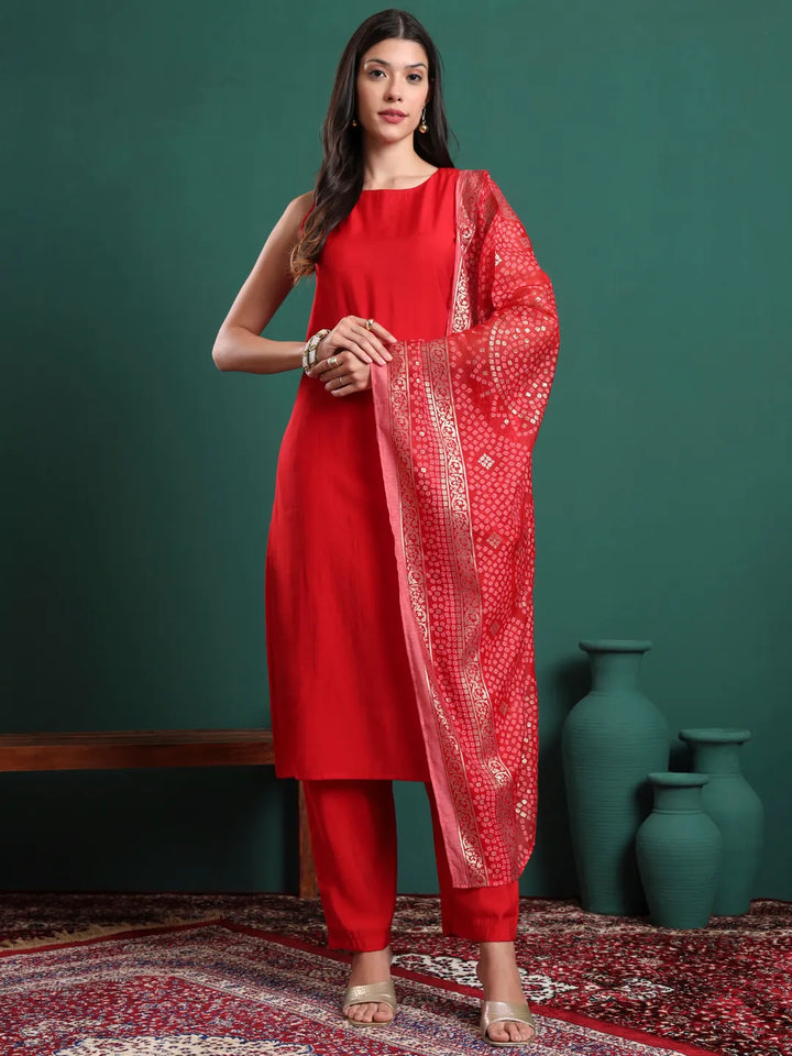 Red Silk Blend Sleeveless Kurta Pants & Dupatta Set