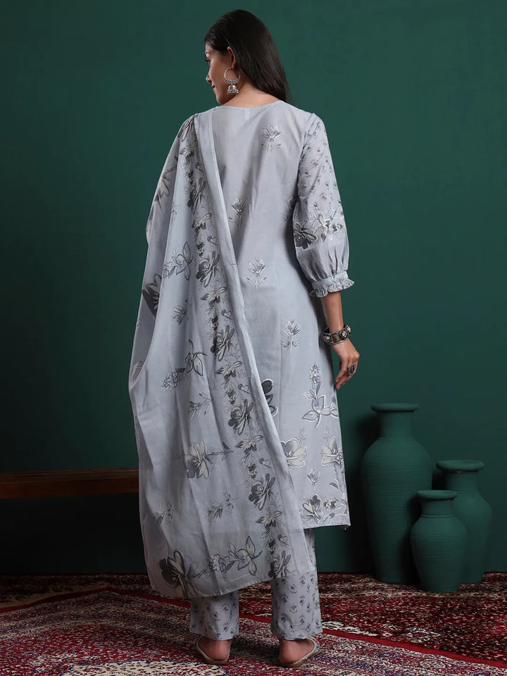 Grey Pure Cotton Floral Beads And Stones Kurta Pants & Dupatta Set