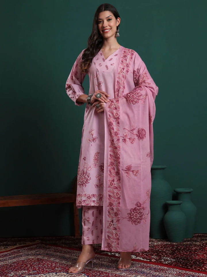 Pink Pure Cotton Floral Beads And Stones Kurta Pants & Dupatta Set