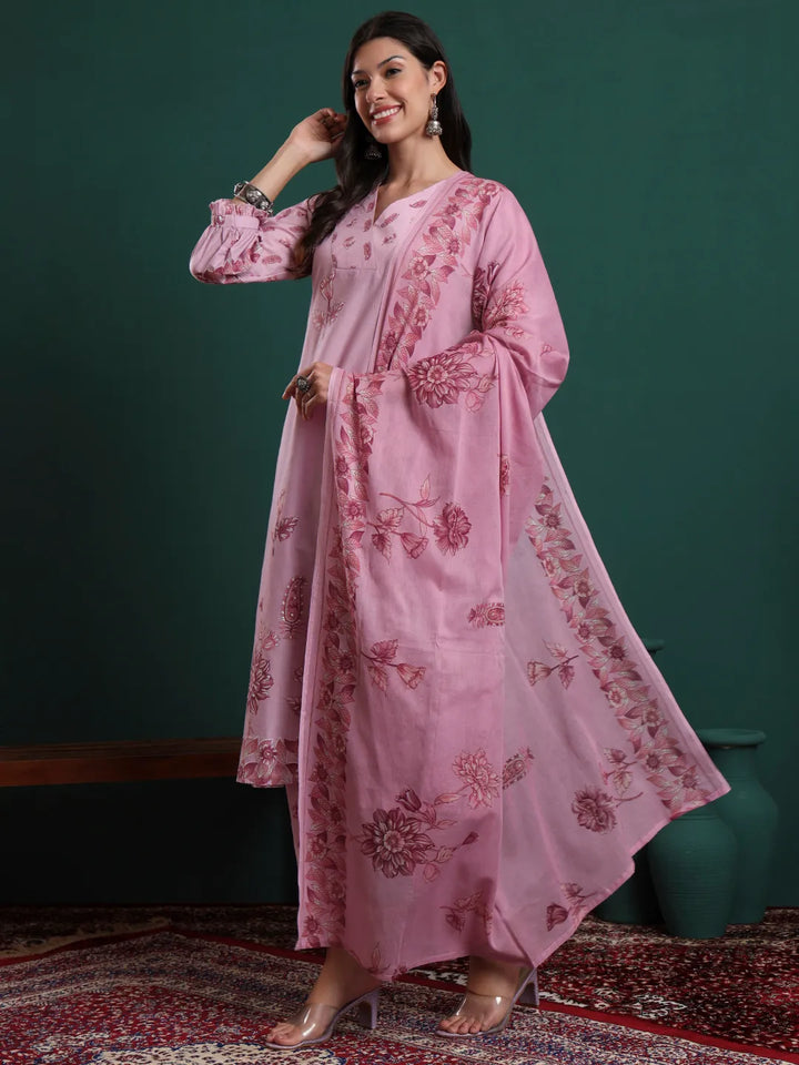Pink Pure Cotton Floral Beads And Stones Kurta Pants & Dupatta Set
