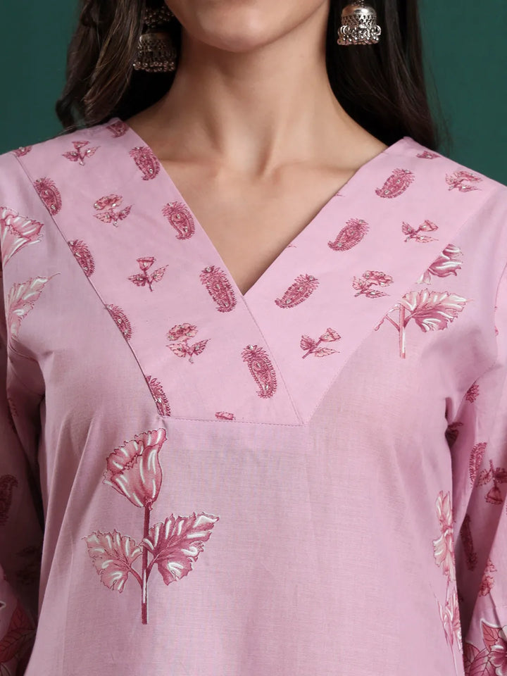 Pink Pure Cotton Floral Beads And Stones Kurta Pants & Dupatta Set