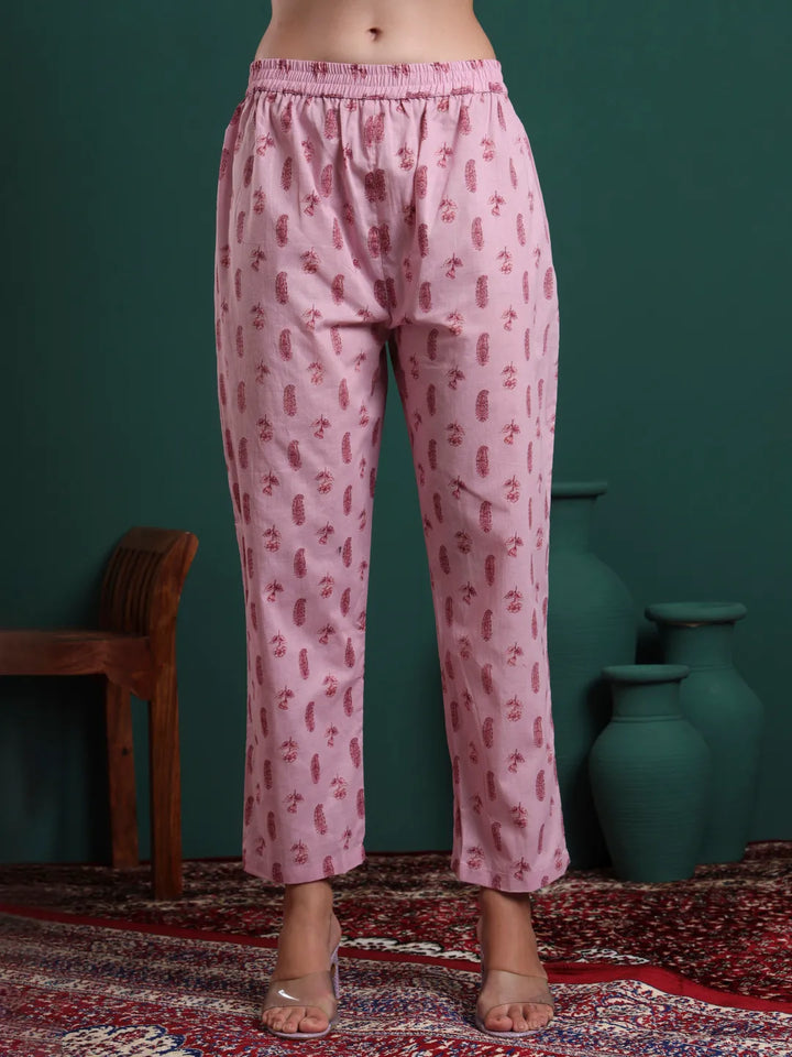 Pink Pure Cotton Floral Beads And Stones Kurta Pants & Dupatta Set