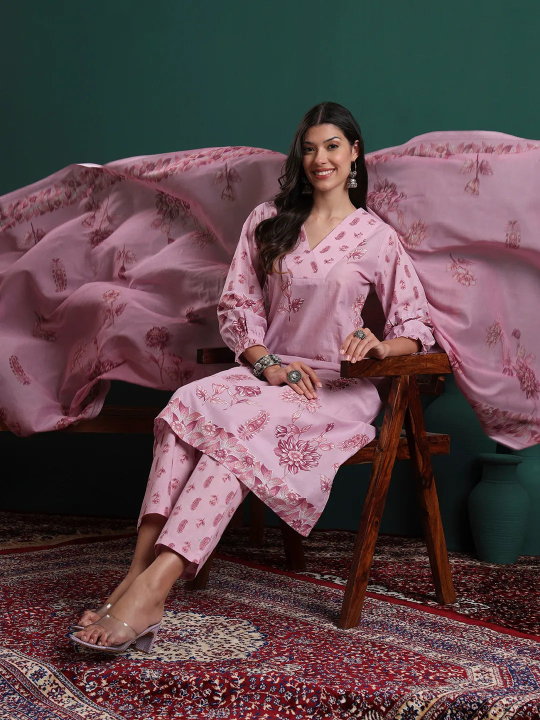 Pink Pure Cotton Floral Beads And Stones Kurta Pants & Dupatta Set