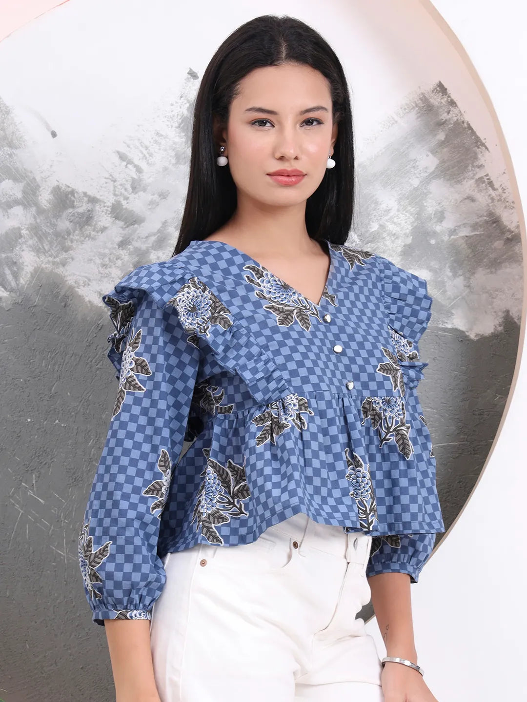 Blue Cotton Gathered Or Pleated Top