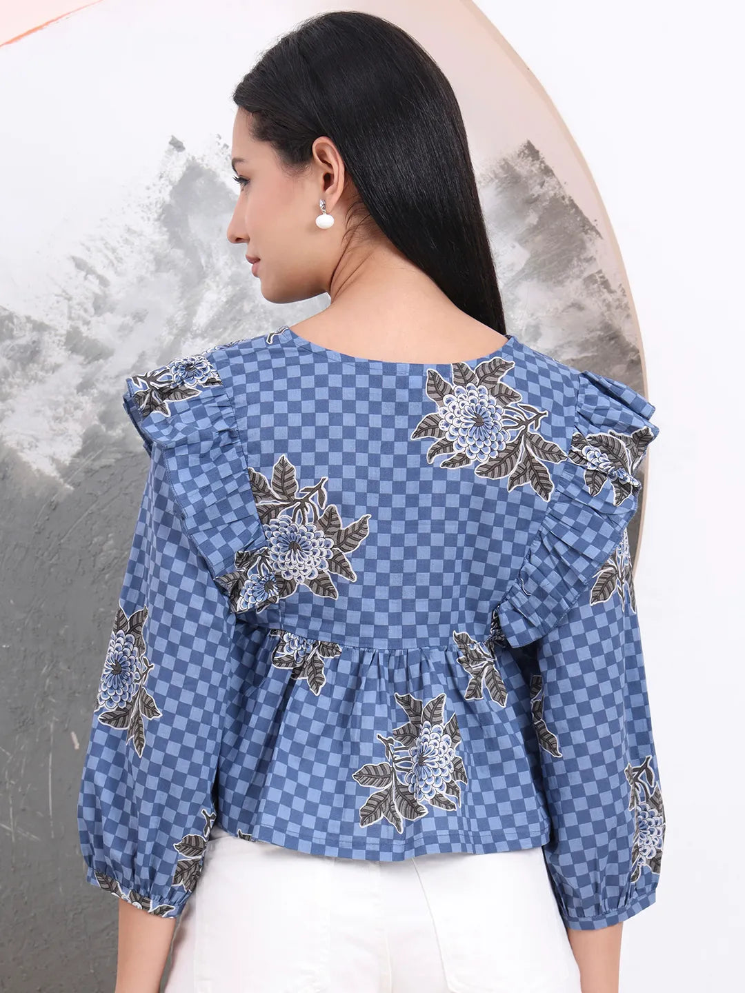 Blue Cotton Gathered Or Pleated Top