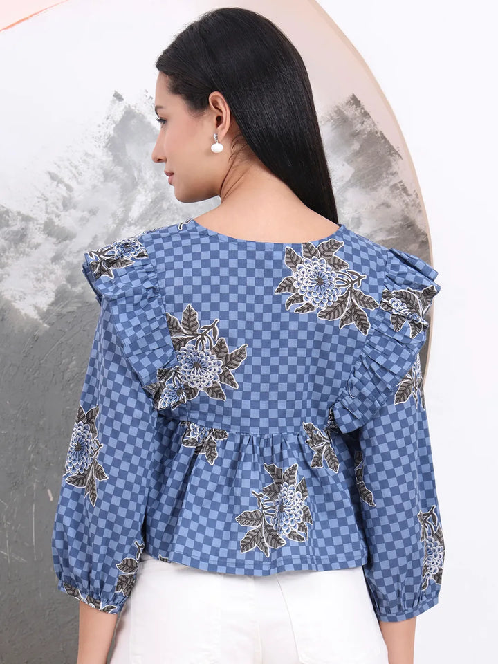 Blue Cotton Gathered Or Pleated Top