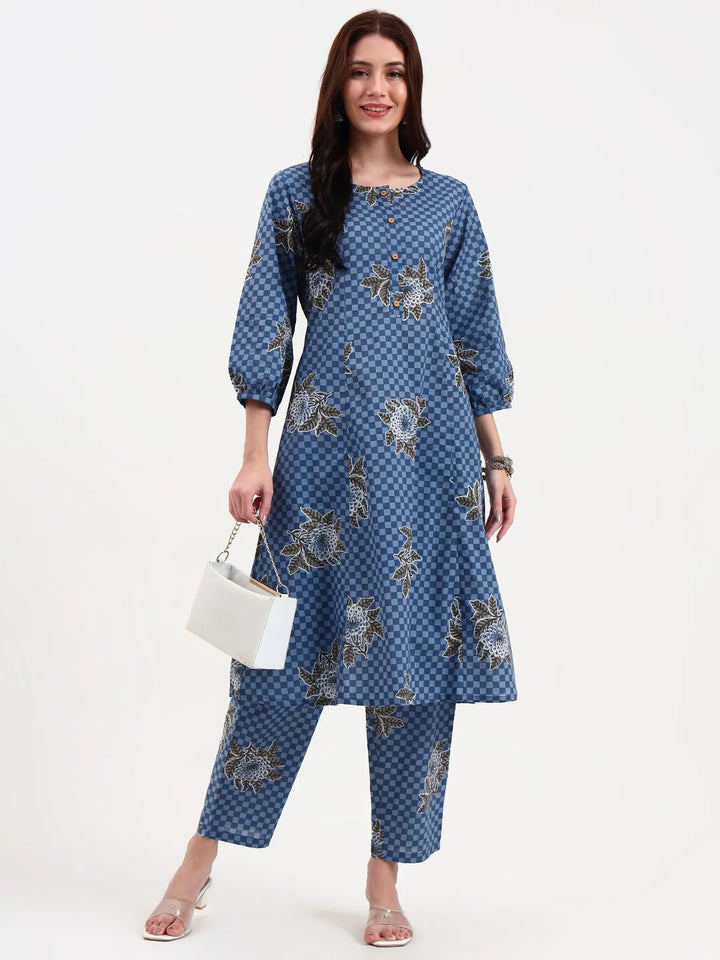 Blue Cotton A Line Kurta Set
