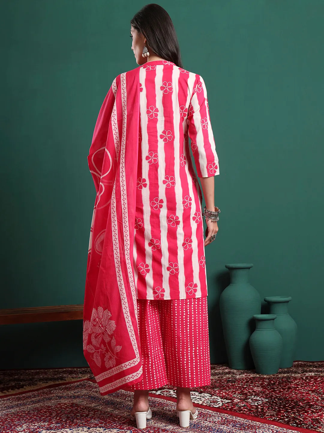 Pink Pure Cotton Striped Kurta Palazzo & Dupatta Set