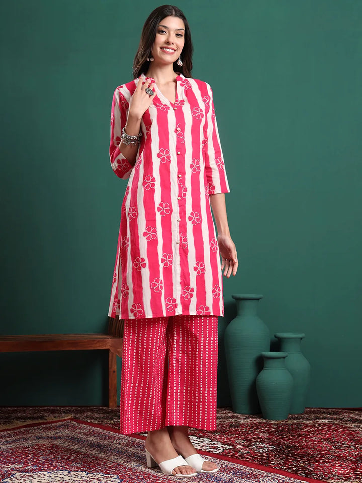 Pink Pure Cotton Striped Kurta Palazzo & Dupatta Set