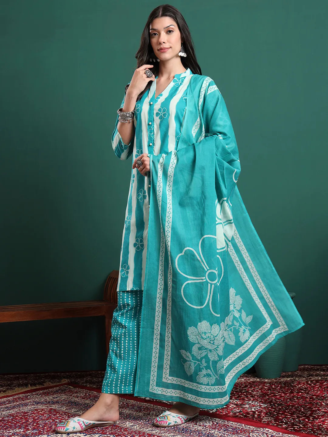 Blue Pure Cotton Striped Kurta Palazzo & Dupatta Set