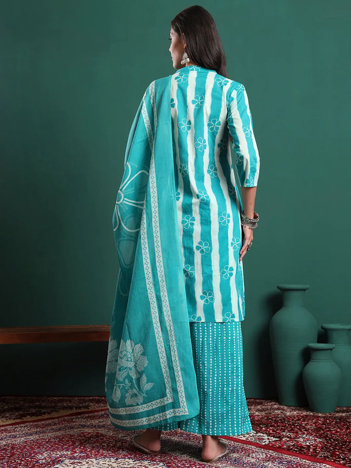 Blue Pure Cotton Striped Kurta Palazzo & Dupatta Set