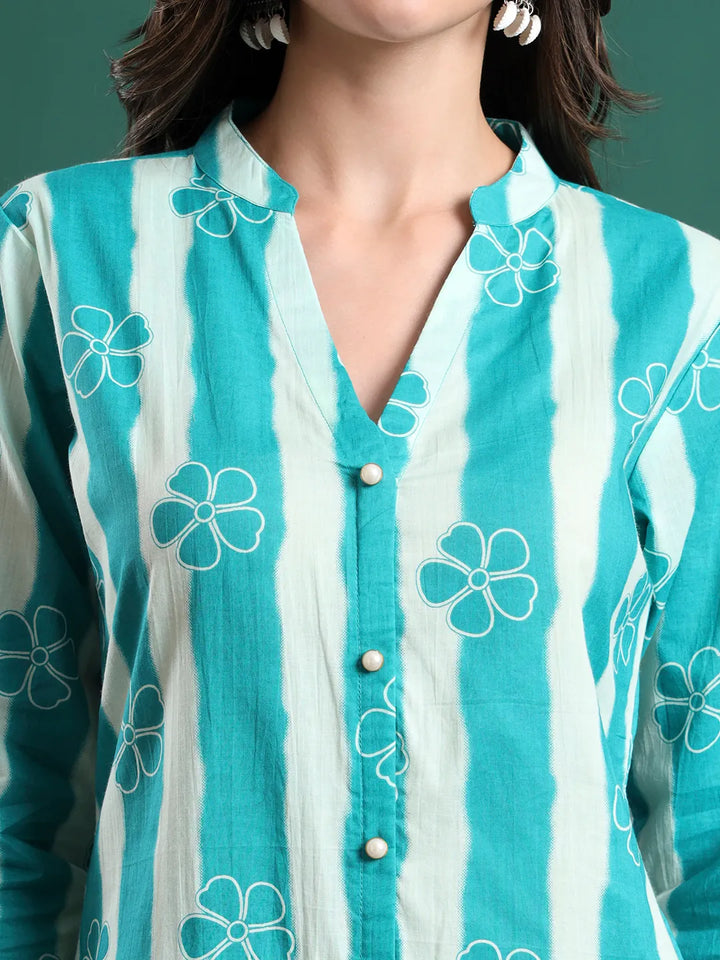 Blue Pure Cotton Striped Kurta Palazzo & Dupatta Set