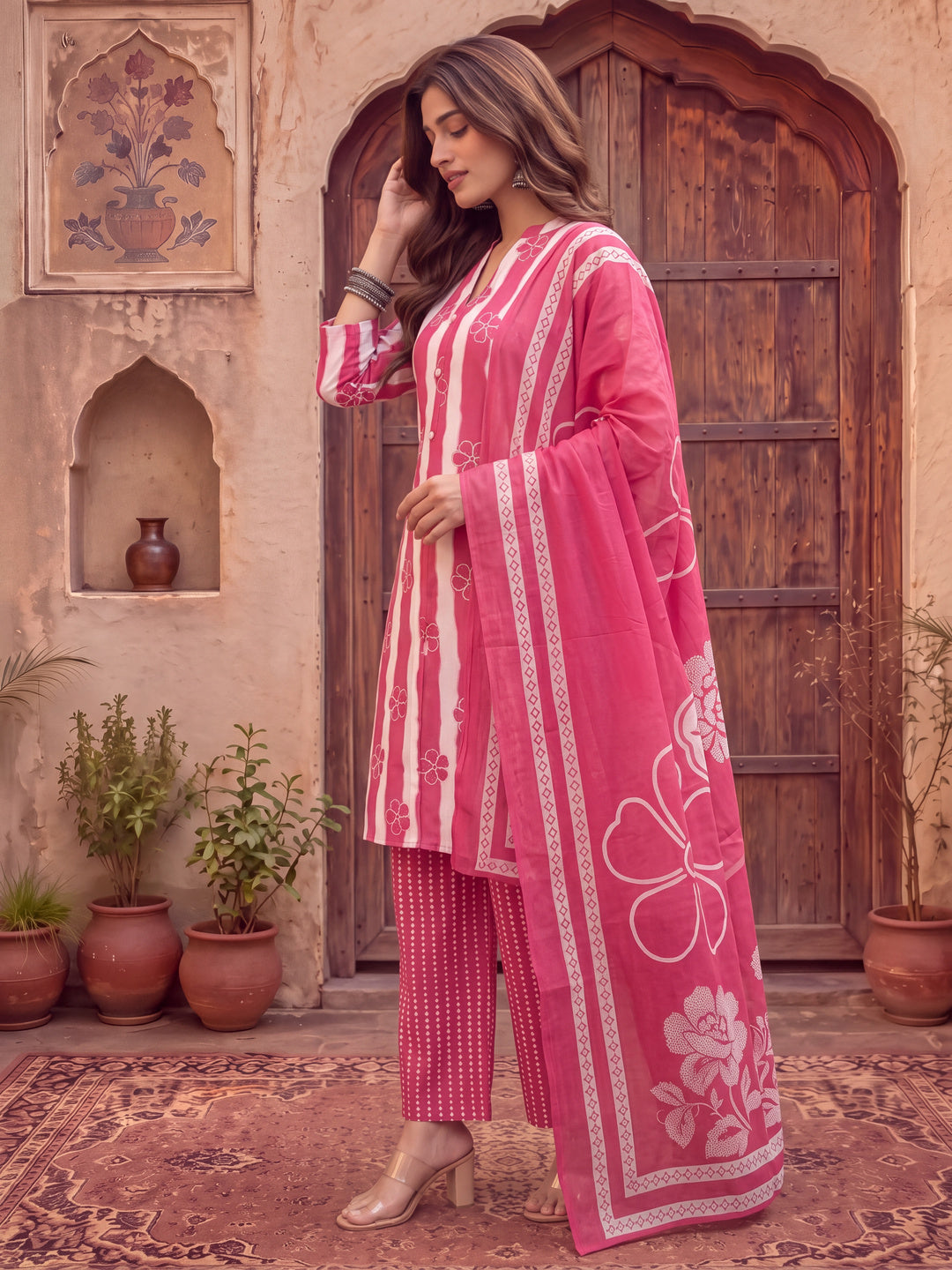 Pink Pure Cotton Striped Kurta Palazoo Dupatta Set