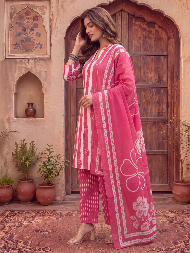 Pink Pure Cotton Striped Kurta Palazoo Dupatta Set