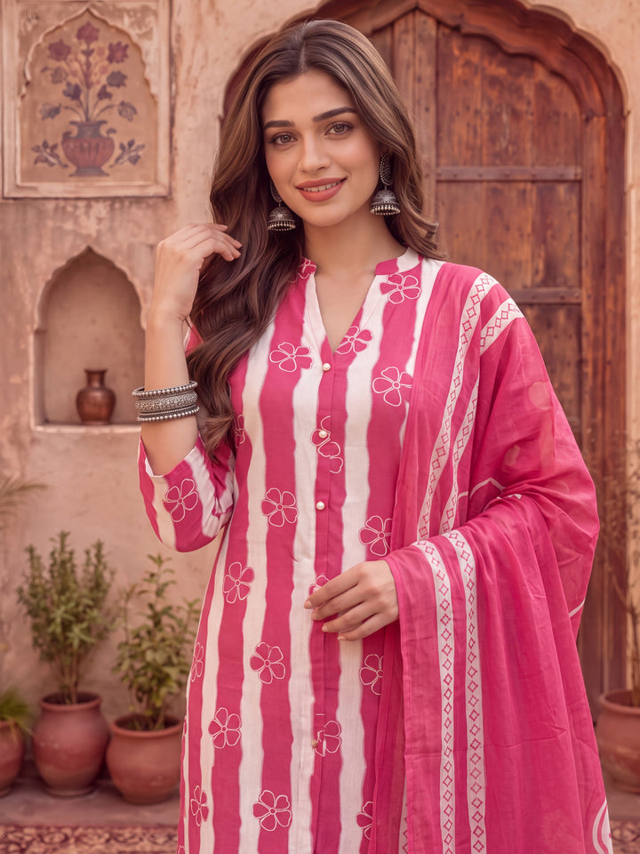 Pink Pure Cotton Striped Kurta Palazoo Dupatta Set