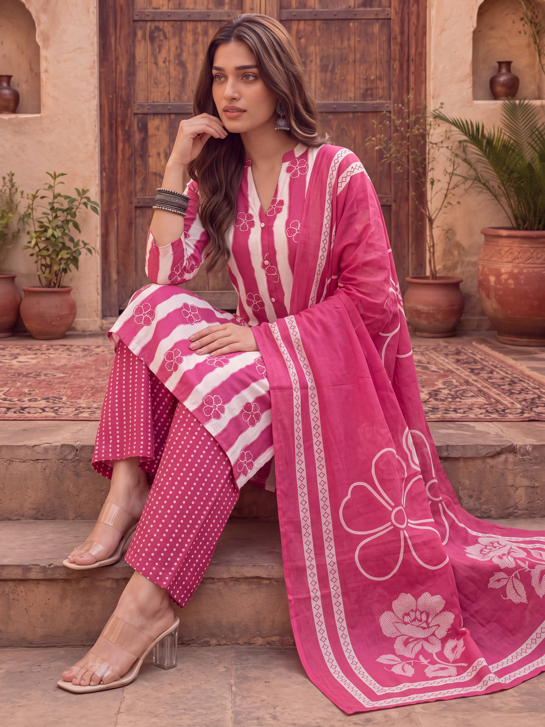 Pink Pure Cotton Striped Kurta Palazoo Dupatta Set