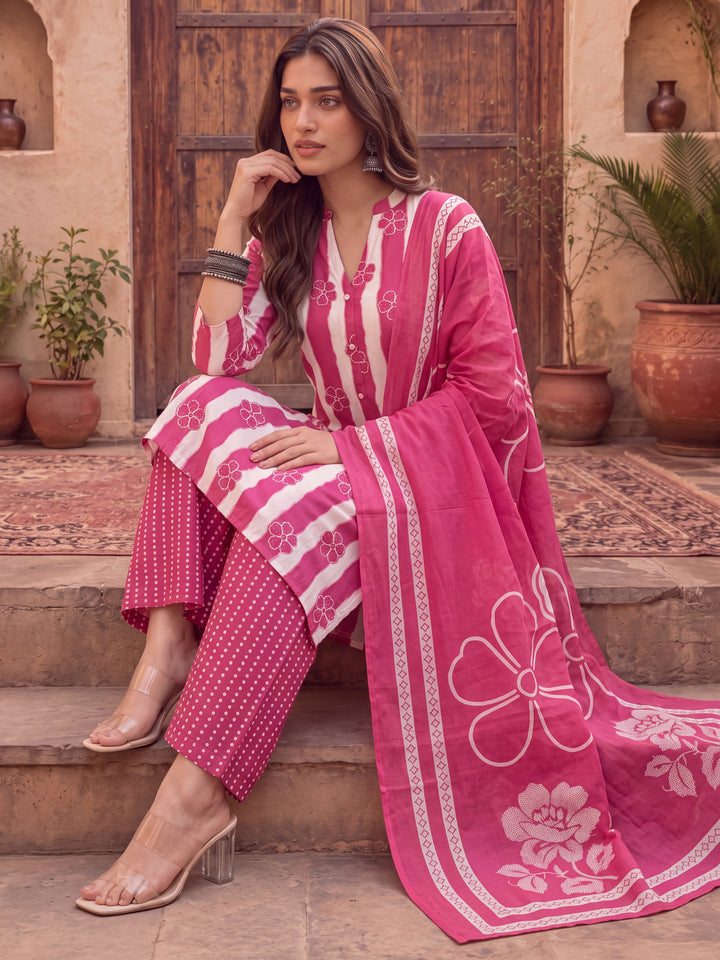 Pink Pure Cotton Striped Kurta Palazoo Dupatta Set