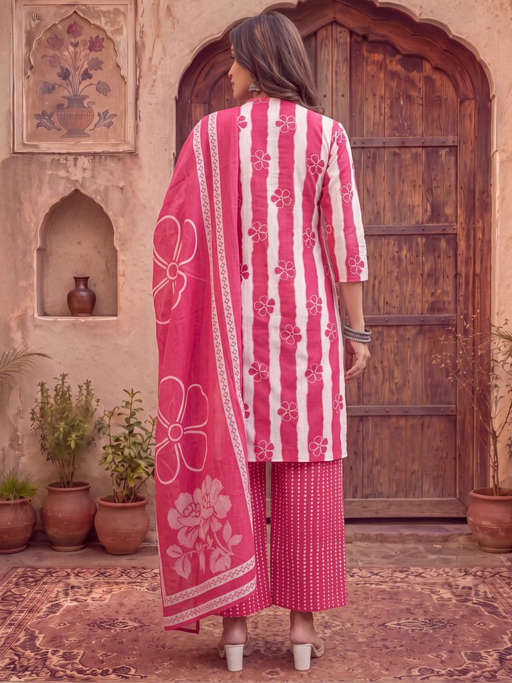 Pink Pure Cotton Striped Kurta Palazoo Dupatta Set