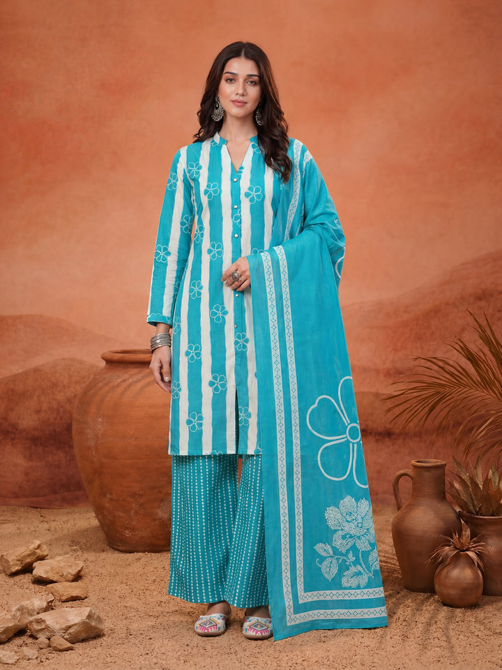 Blue Pure Cotton Striped Kurta Palazoo Dupatta Set