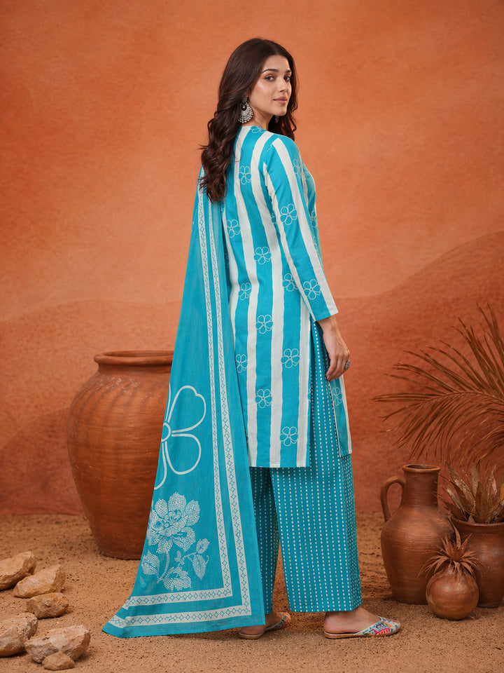 Blue Pure Cotton Striped Kurta Palazoo Dupatta Set