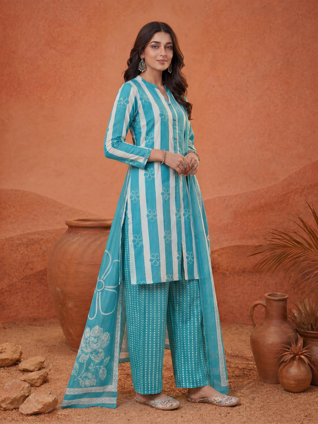 Blue Pure Cotton Striped Kurta Palazoo Dupatta Set