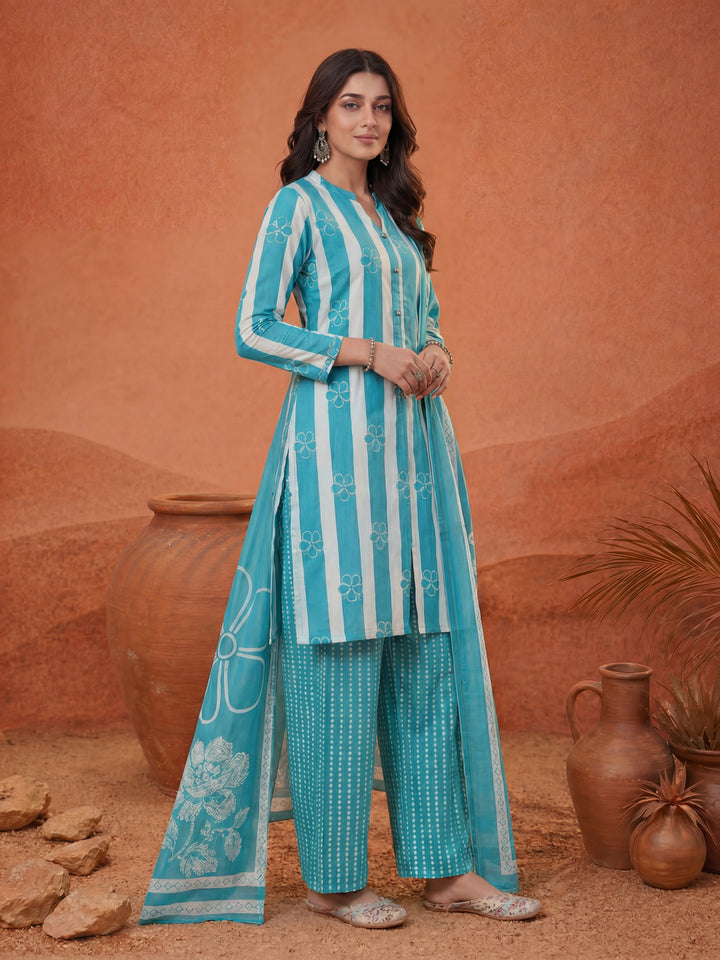 Blue Pure Cotton Striped Kurta Palazoo Dupatta Set