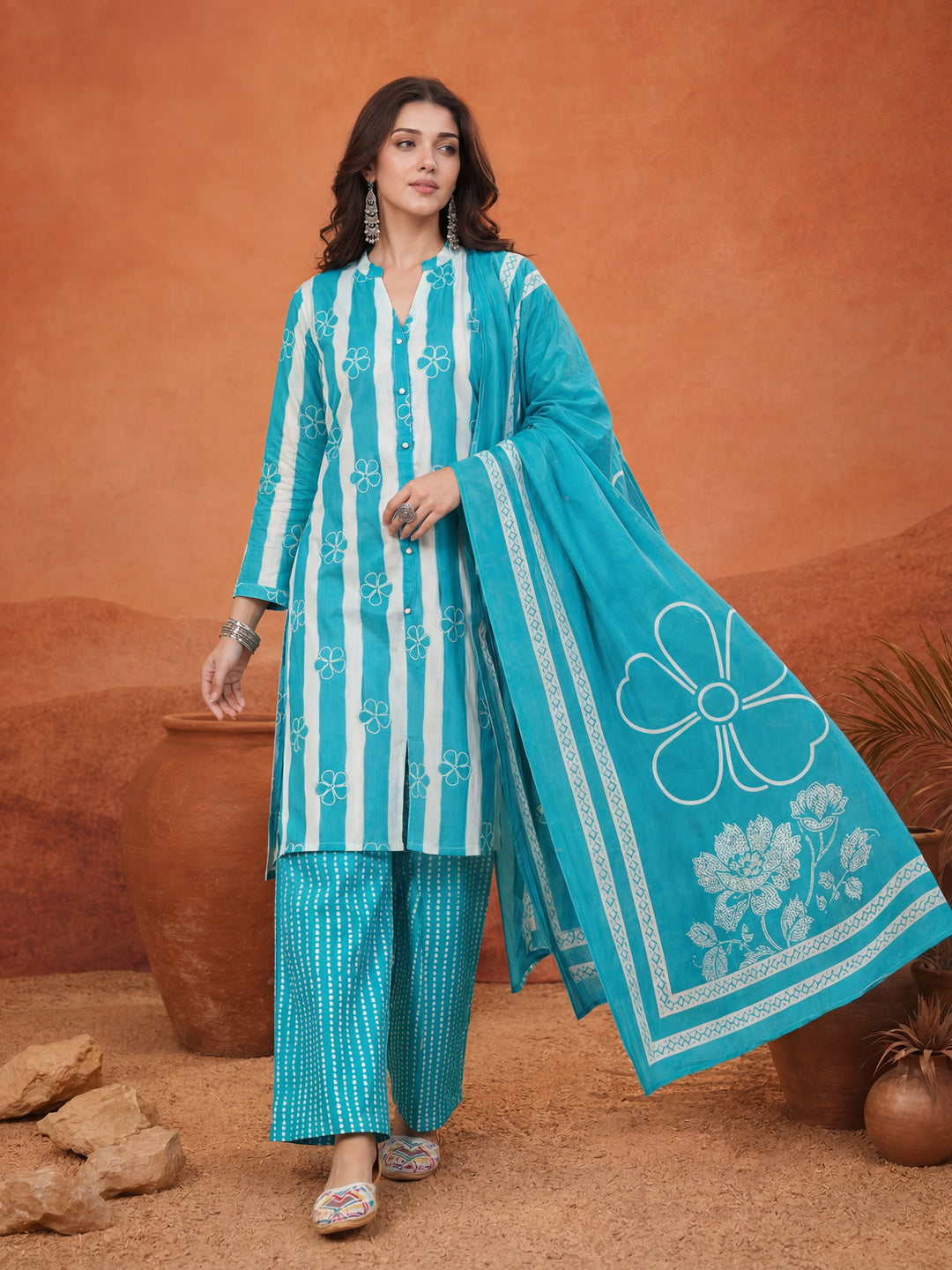 Blue Pure Cotton Striped Kurta Palazoo Dupatta Set
