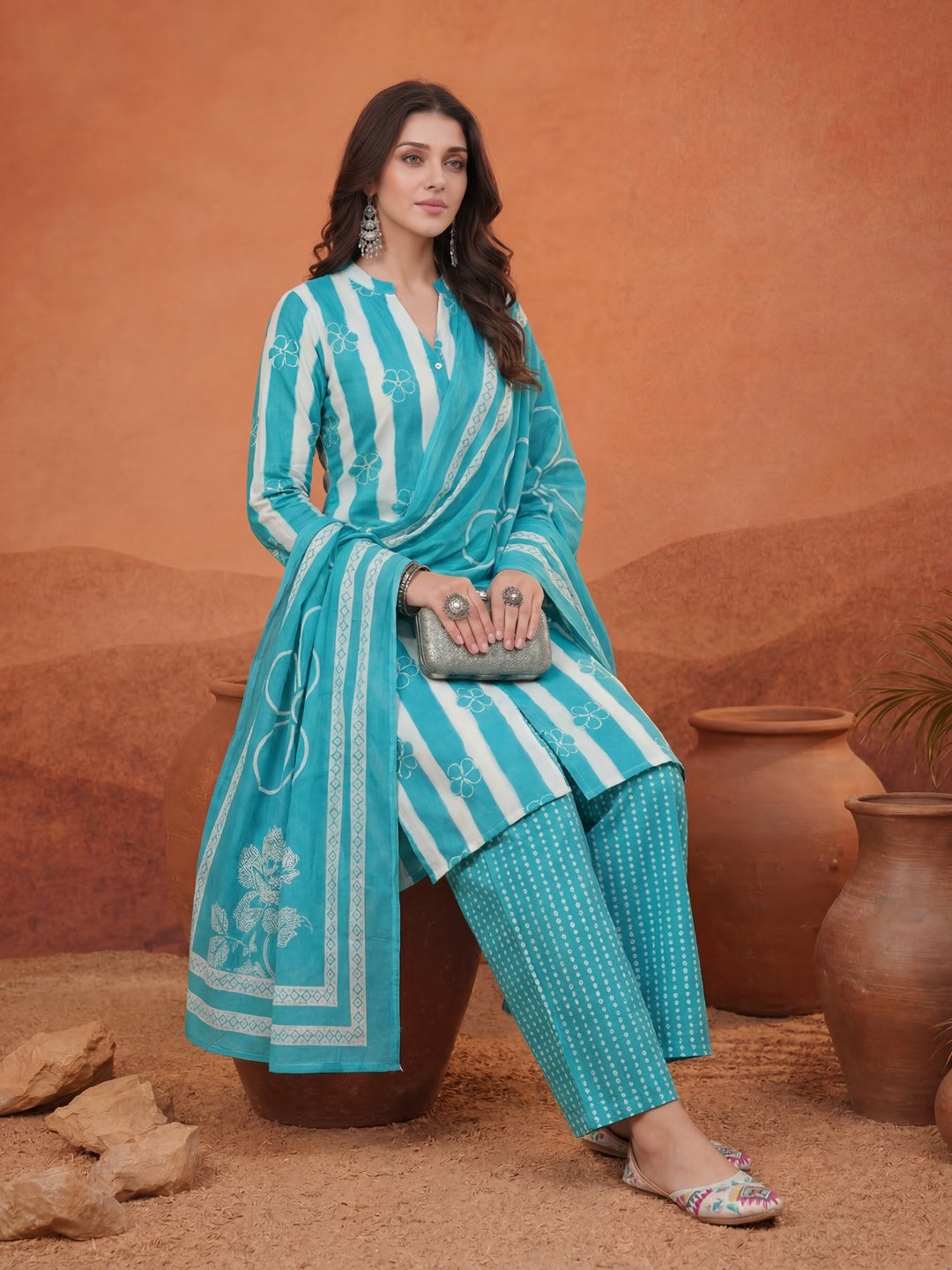 Blue Pure Cotton Striped Kurta Palazoo Dupatta Set