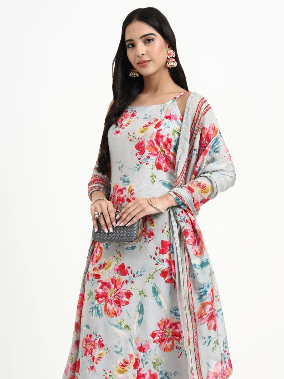 Grey Lensing Straight Kurta Set