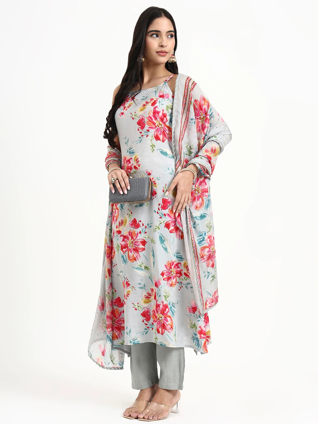 Grey Lensing Straight Kurta Set