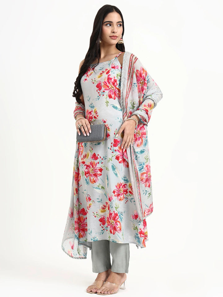 Grey Lensing Straight Kurta Set