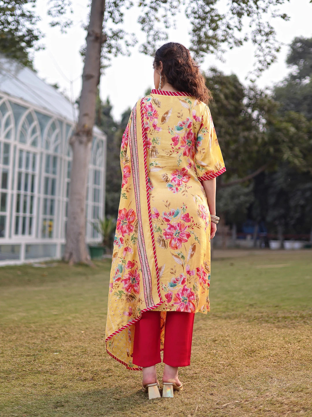 Yellow Floral Print Lensing Straight Kurta Trouser Dupatta Set-Yufta Store-6725SKDYLM
