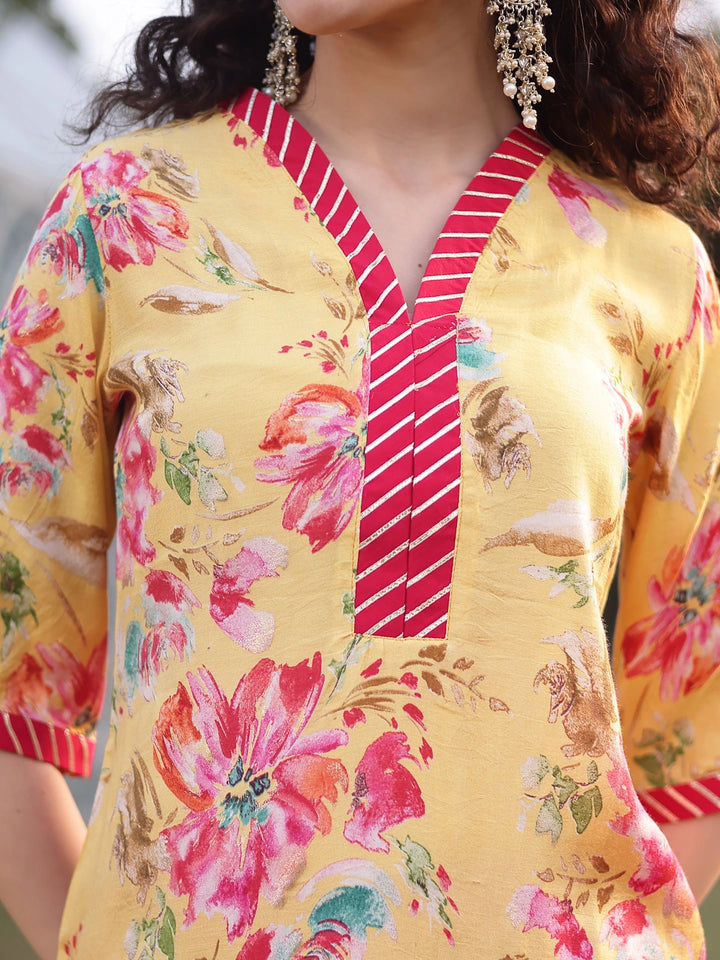Yellow Floral Print Lensing Straight Kurta Trouser Dupatta Set-Yufta Store-6725SKDYLM