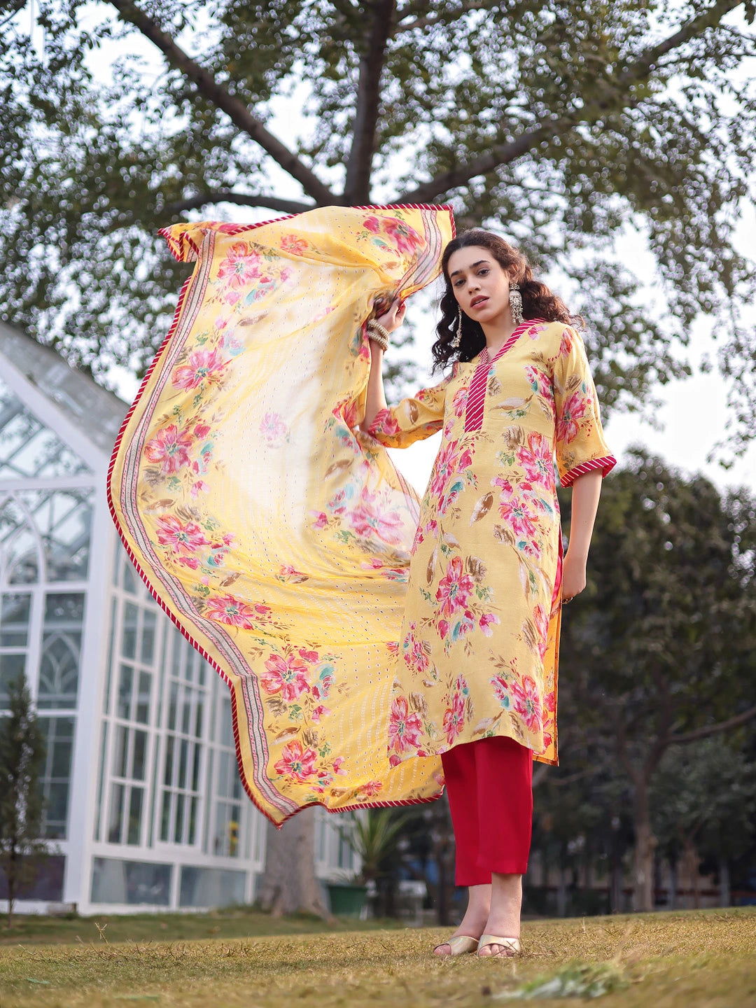 Yellow Floral Print Lensing Straight Kurta Trouser Dupatta Set-Yufta Store-6725SKDYLM