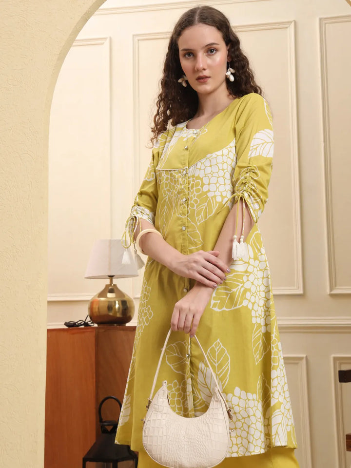 Lime Green Pure Cotton A Line Kurta Set