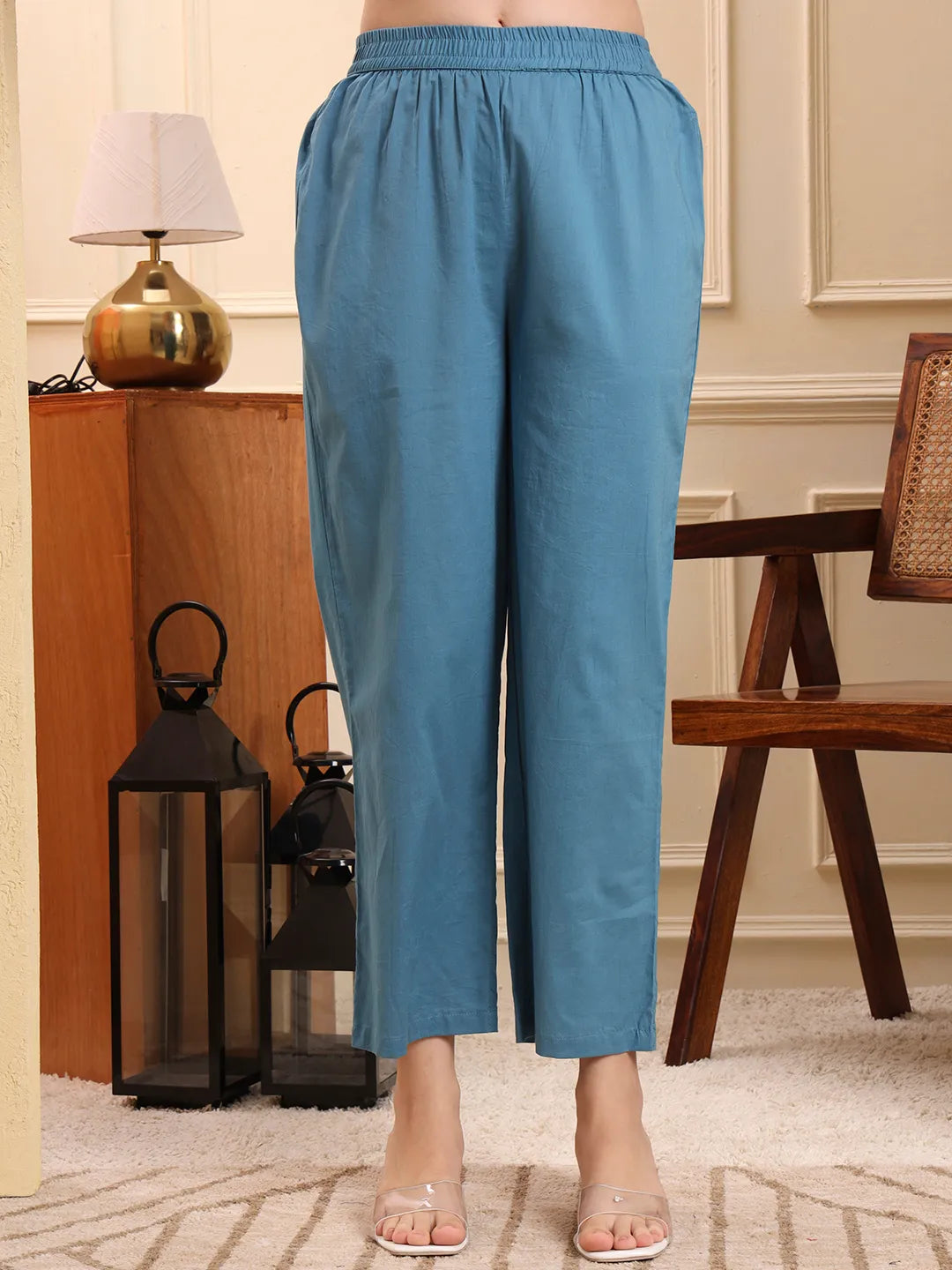 Blue Floral Print A-Line Kurta Trouser Set