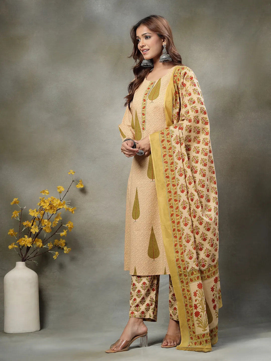 Green And Peach Floral Sequins Work Cotton A-Line Kurta And Trouser Dupatta Set