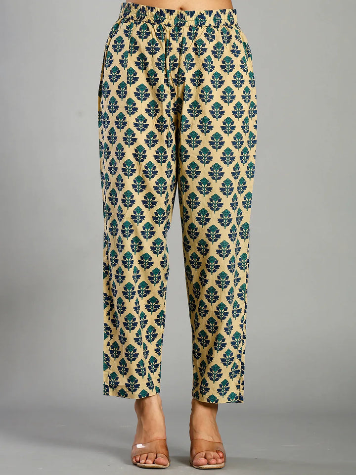 Blue And Cream Ethnic Motifs Cotton A-Line Kurta Trouser Dupatta Set