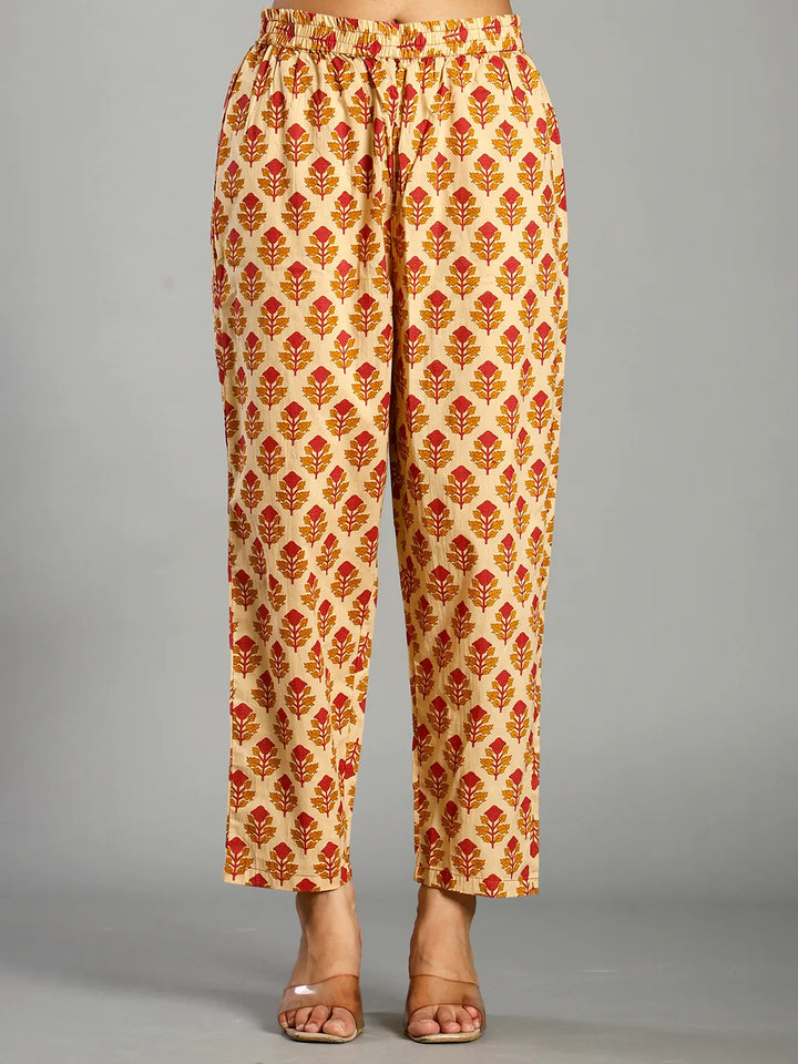 Mustard And Cream Ethnic Motifs Cotton A-Line Kurta Trouser Dupatta Set