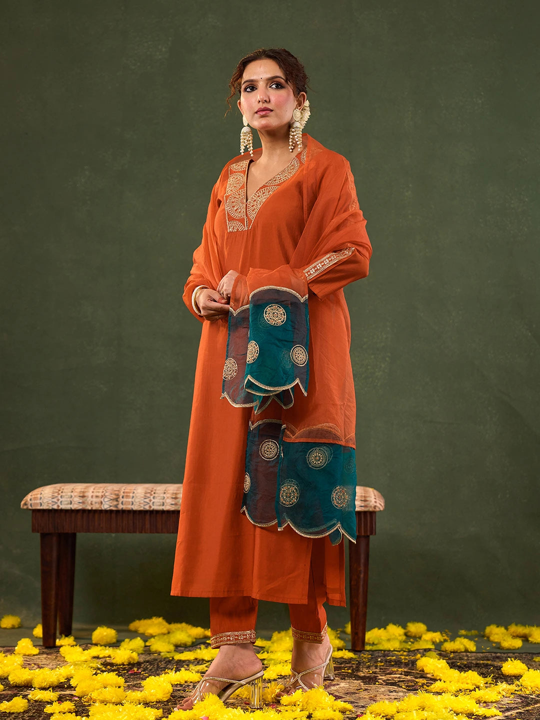 Orange Silk Blend Kurta Set With Embroidery