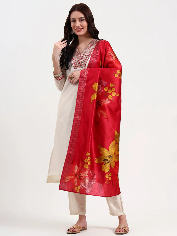 Cream Chanderi A Line Dori Embroidery Kurta Set With Pant And Dupatta