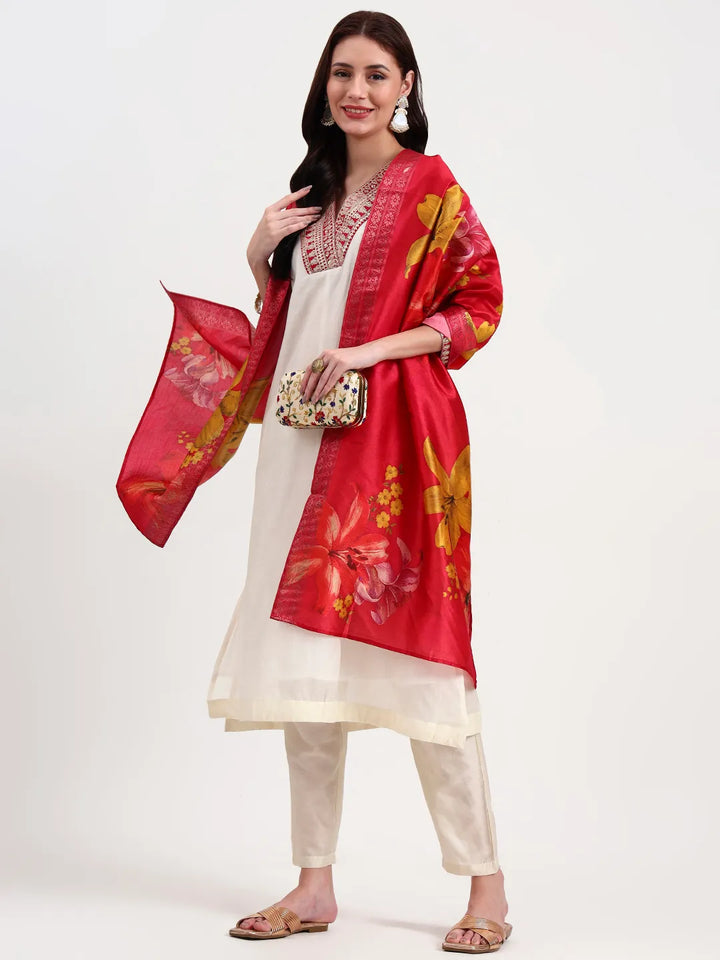 Cream Chanderi A Line Dori Embroidery Kurta Set With Pant And Dupatta